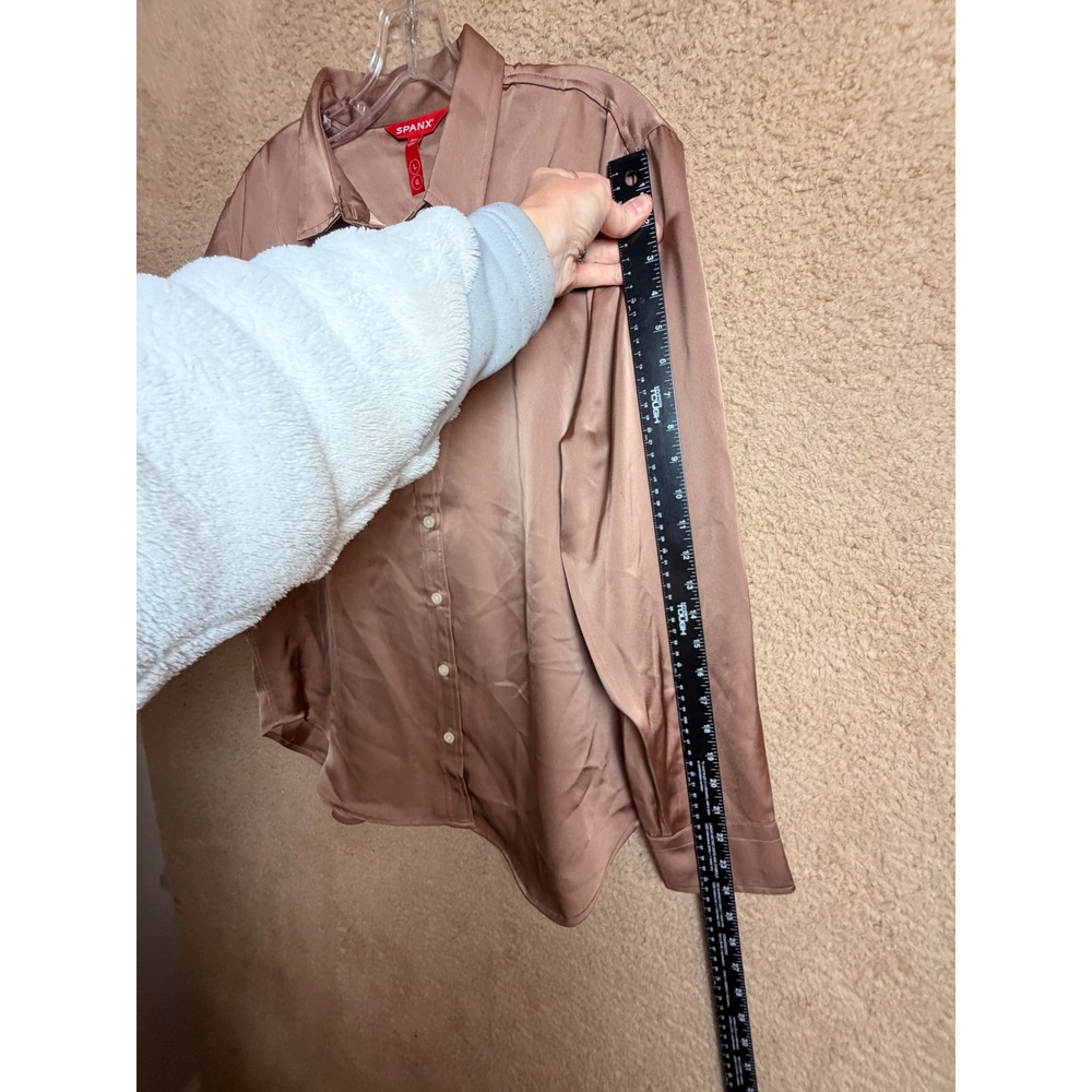 SPANX Better Than Silk Button Down Satin Blouse Cafe Au Lait Brown L - Picture 11 of 12